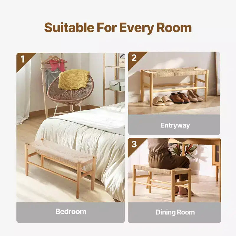 VEVOR Rattan Bench, 31.5 Wooden Rattan Bench, Entrywway Bench with Oak Wood Legs, Bedroom End of Bed Boho Bench with Hand Woven Rattan