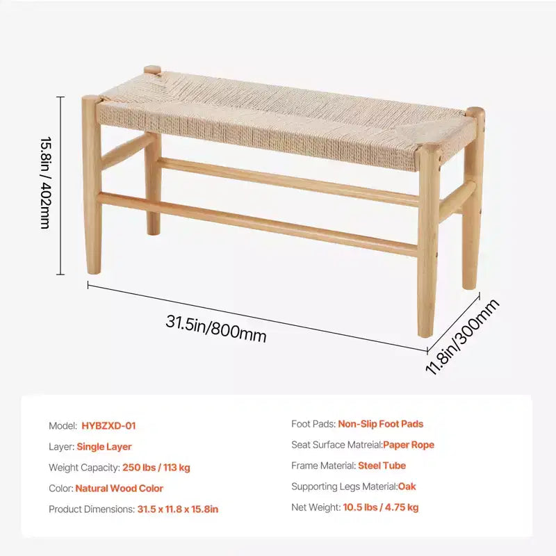 VEVOR Rattan Bench, 31.5 Wooden Rattan Bench, Entrywway Bench with Oak Wood Legs, Bedroom End of Bed Boho Bench with Hand Woven Rattan