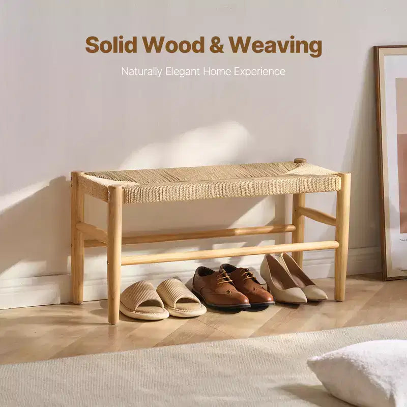 VEVOR Rattan Bench, 31.5 Wooden Rattan Bench, Entrywway Bench with Oak Wood Legs, Bedroom End of Bed Boho Bench with Hand Woven Rattan