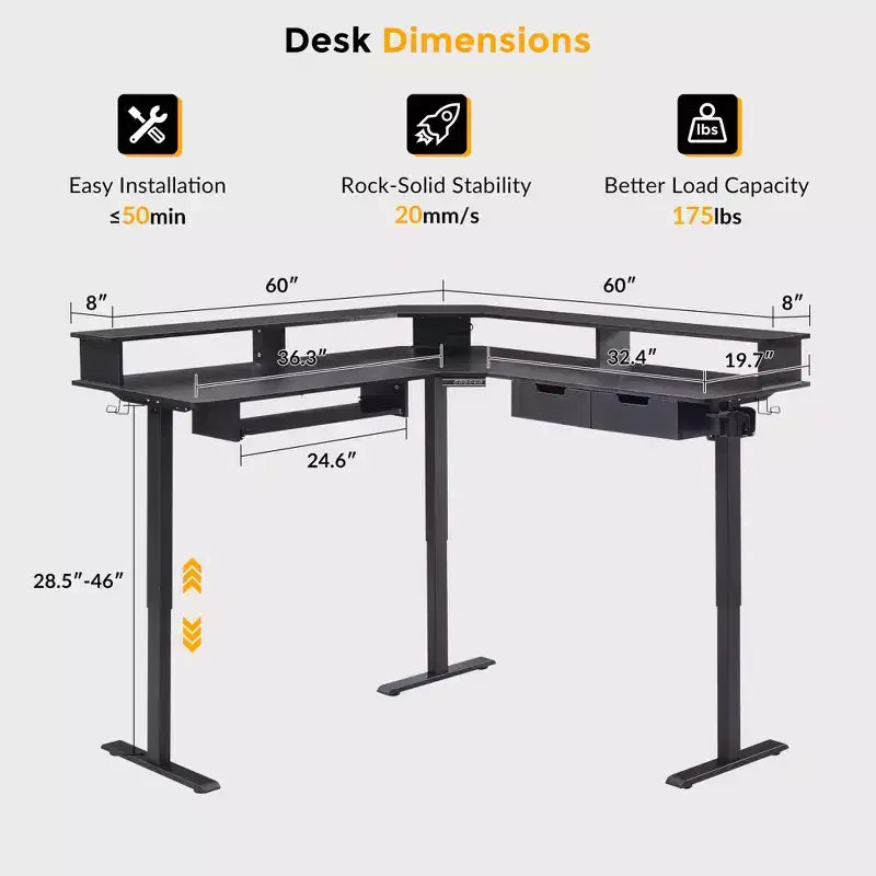 60 L-Shaped Corner Gaming Desk with 2 Drawers, Electric Standing Desk with Power Outlets & LED Lighting