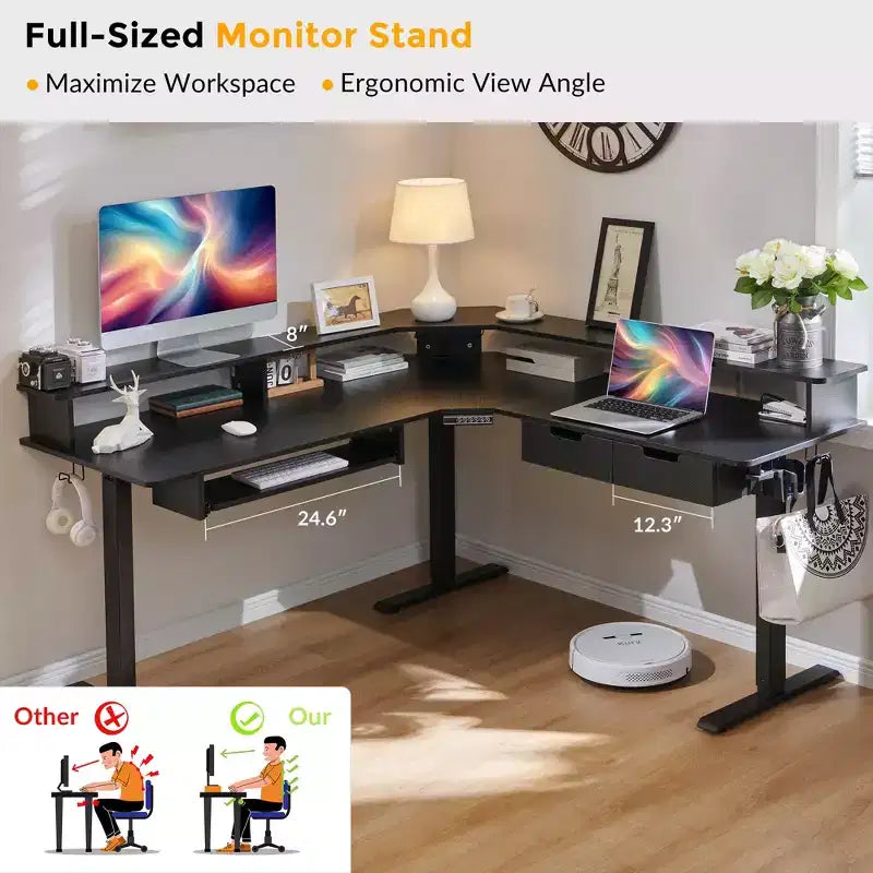60 L-Shaped Corner Gaming Desk with 2 Drawers, Electric Standing Desk with Power Outlets & LED Lighting