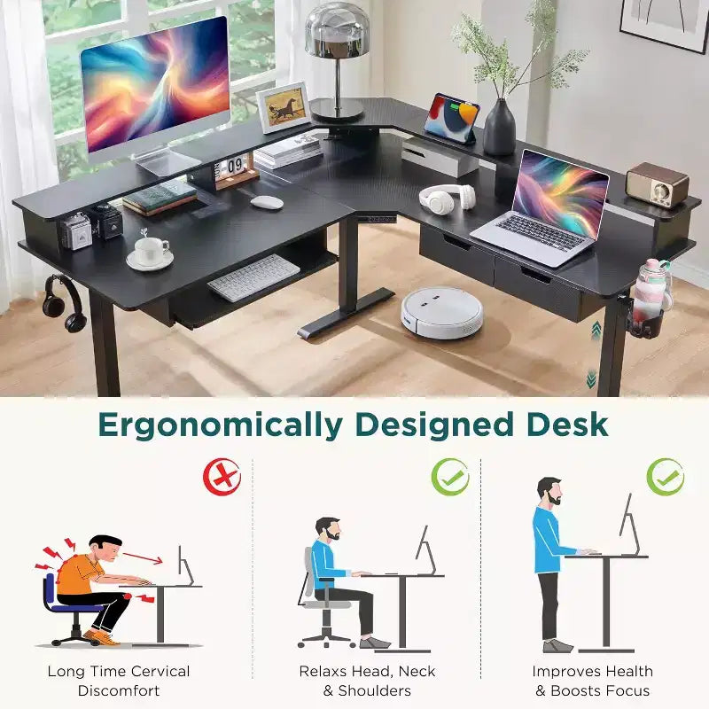 60 L-Shaped Corner Gaming Desk with 2 Drawers, Electric Standing Desk with Power Outlets & LED Lighting