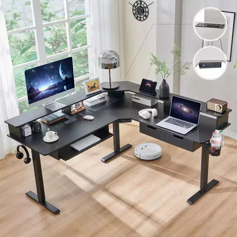 60 L-Shaped Corner Gaming Desk with 2 Drawers, Electric Standing Desk with Power Outlets & LED Lighting