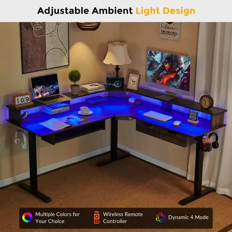 60 L-Shaped Corner Gaming Desk with 2 Drawers, Electric Standing Desk with Power Outlets & LED Lighting