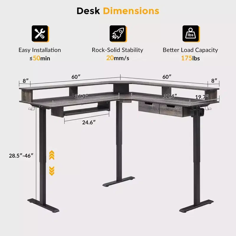 60 L-Shaped Corner Gaming Desk with 2 Drawers, Electric Standing Desk with Power Outlets & LED Lighting
