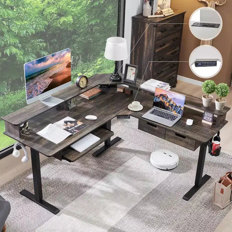 60 L-Shaped Corner Gaming Desk with 2 Drawers, Electric Standing Desk with Power Outlets & LED Lighting
