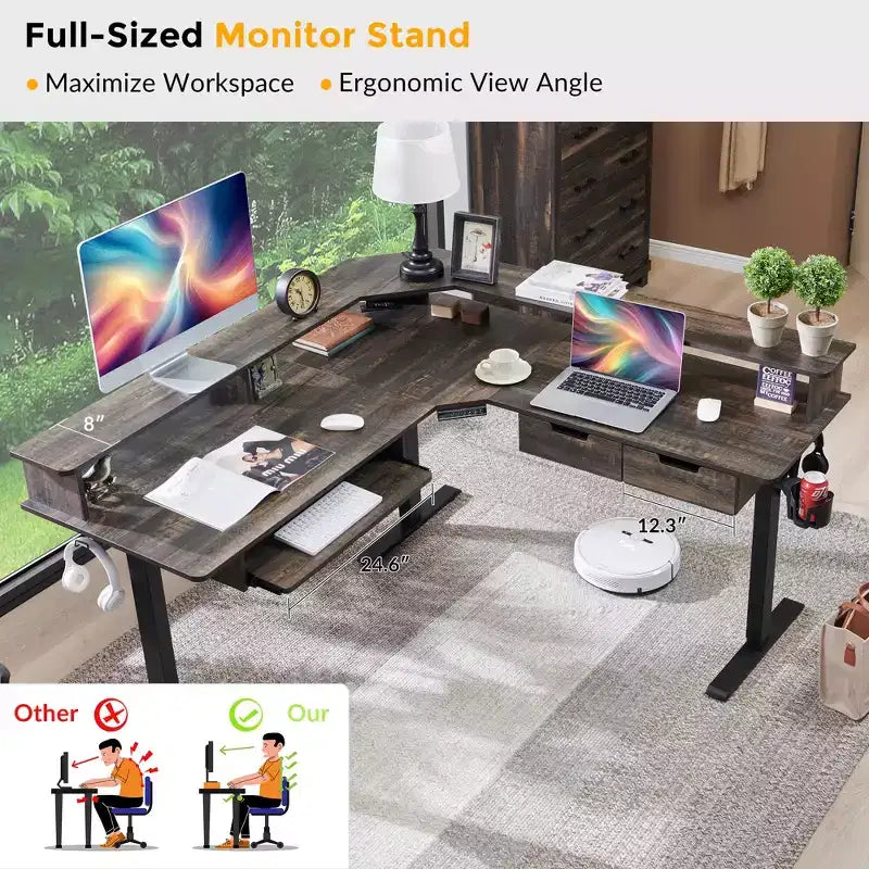 60 L-Shaped Corner Gaming Desk with 2 Drawers, Electric Standing Desk with Power Outlets & LED Lighting