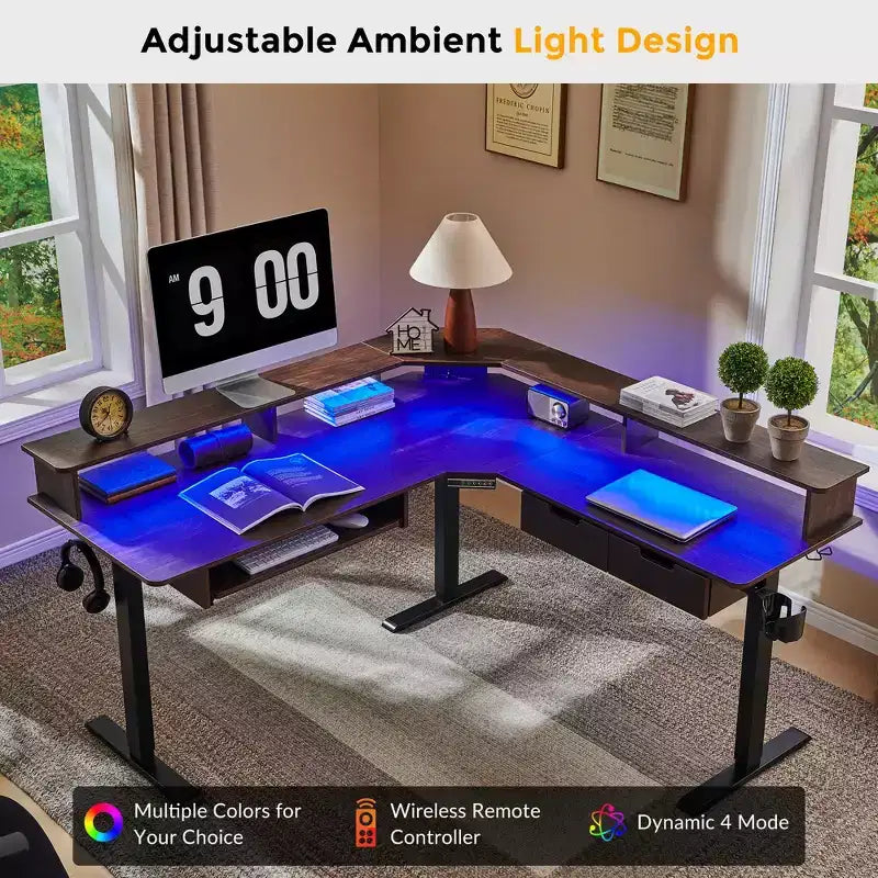 60 L-Shaped Corner Gaming Desk with 2 Drawers, Electric Standing Desk with Power Outlets & LED Lighting
