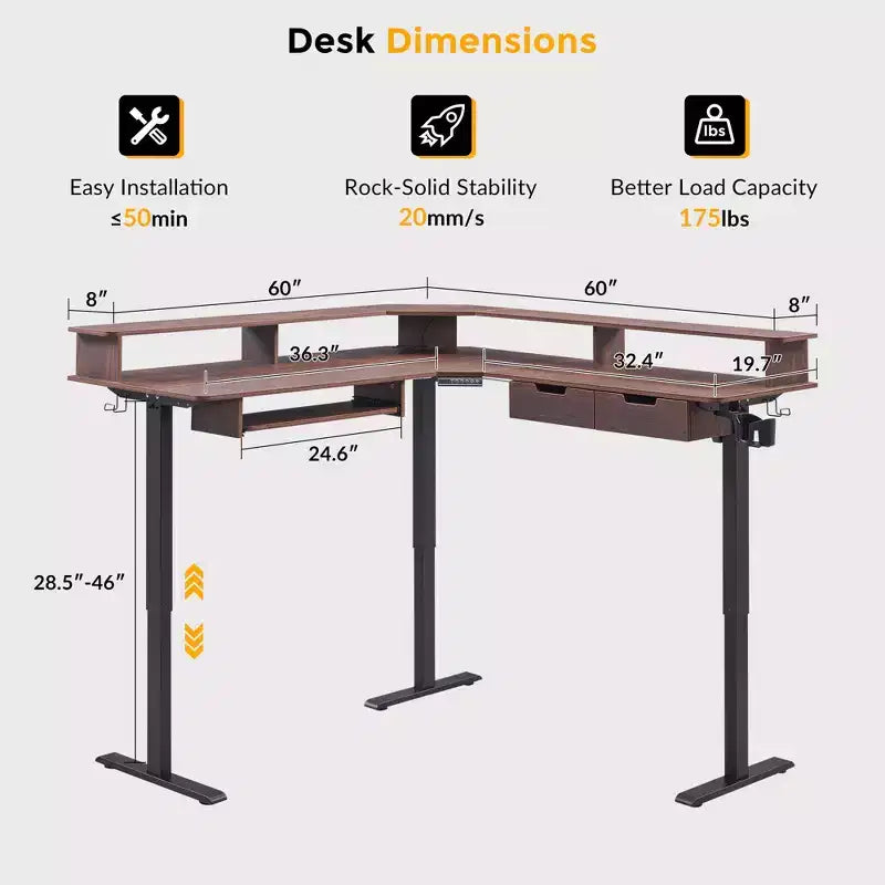 60 L-Shaped Corner Gaming Desk with 2 Drawers, Electric Standing Desk with Power Outlets & LED Lighting
