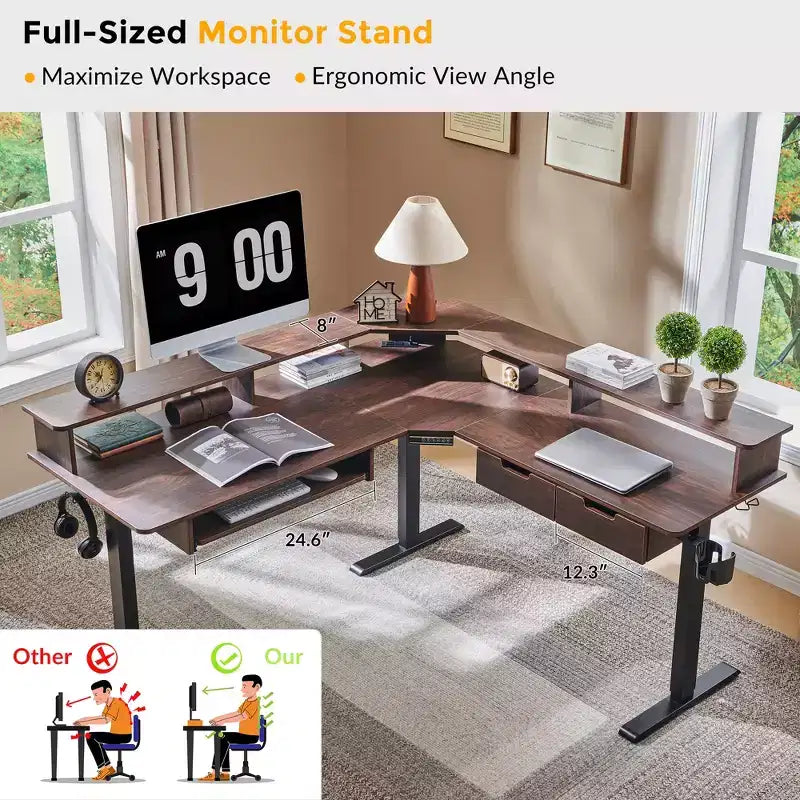 60 L-Shaped Corner Gaming Desk with 2 Drawers, Electric Standing Desk with Power Outlets & LED Lighting