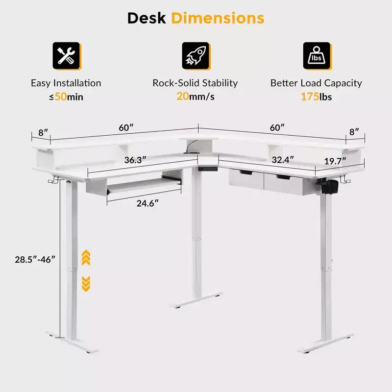 60 L-Shaped Corner Gaming Desk with 2 Drawers, Electric Standing Desk with Power Outlets & LED Lighting