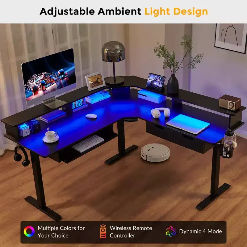 60 L-Shaped Corner Gaming Desk with 2 Drawers, Electric Standing Desk with Power Outlets & LED Lighting