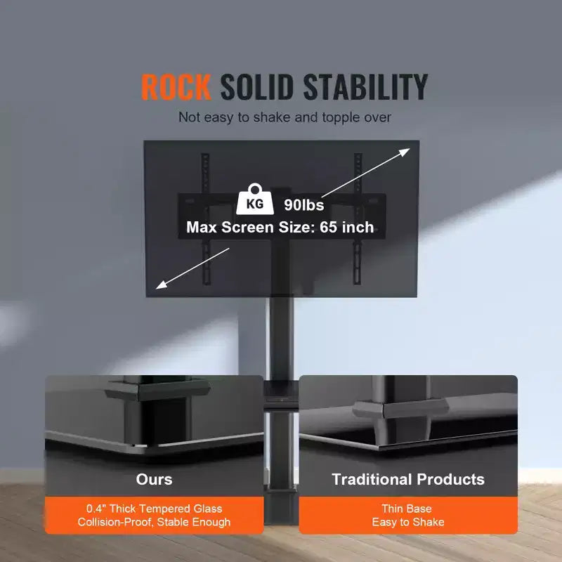 VEVOR TV Stand Mount, Swivel Tall TV Stand for 32 to 65 inch TVs, Height Adjustable Portable Floor TV Stand with Tempered Glass Base, Living Room