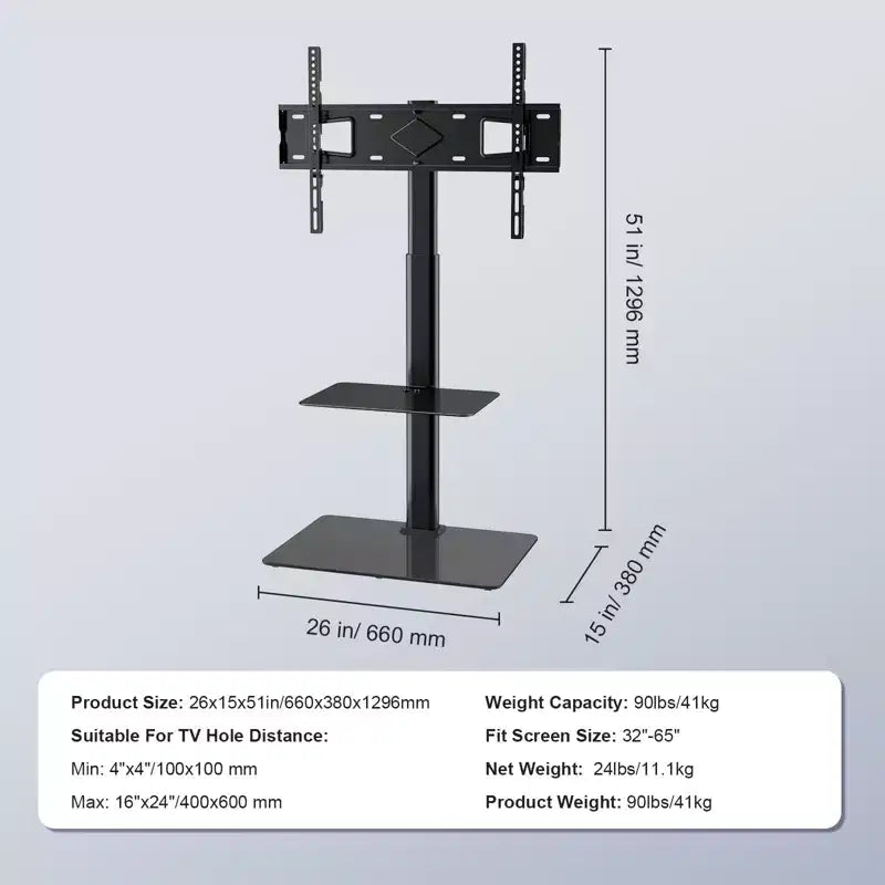 VEVOR TV Stand Mount, Swivel Tall TV Stand for 32 to 65 inch TVs, Height Adjustable Portable Floor TV Stand with Tempered Glass Base, Living Room
