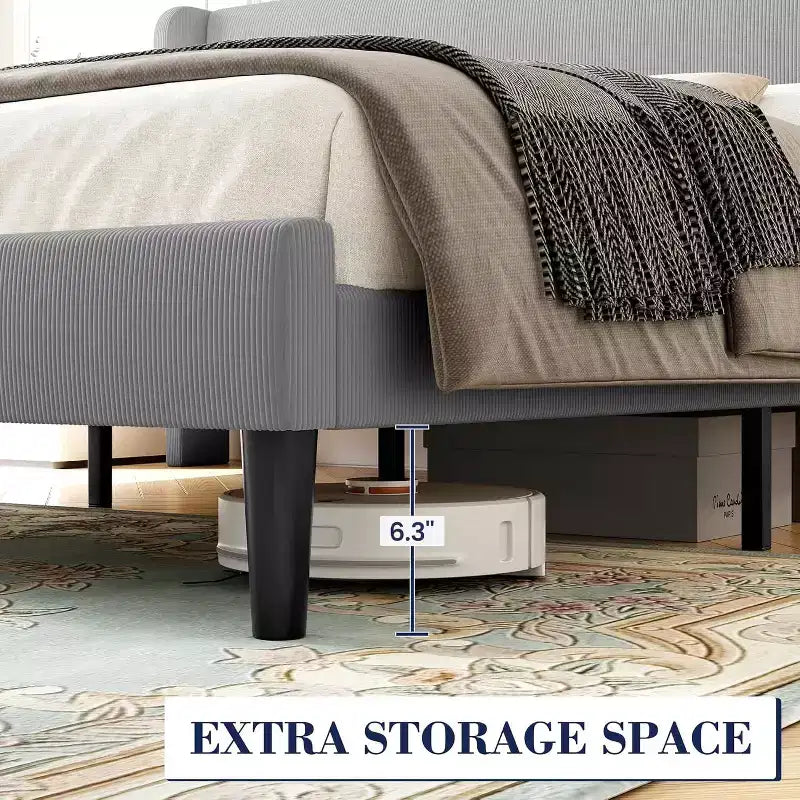 Bed Frame with Upholstered Headboard, Wooden Platform Design with 2 Storage Pockets, Vertical Channel Tufted Wingback, Strong Wooden Slats.