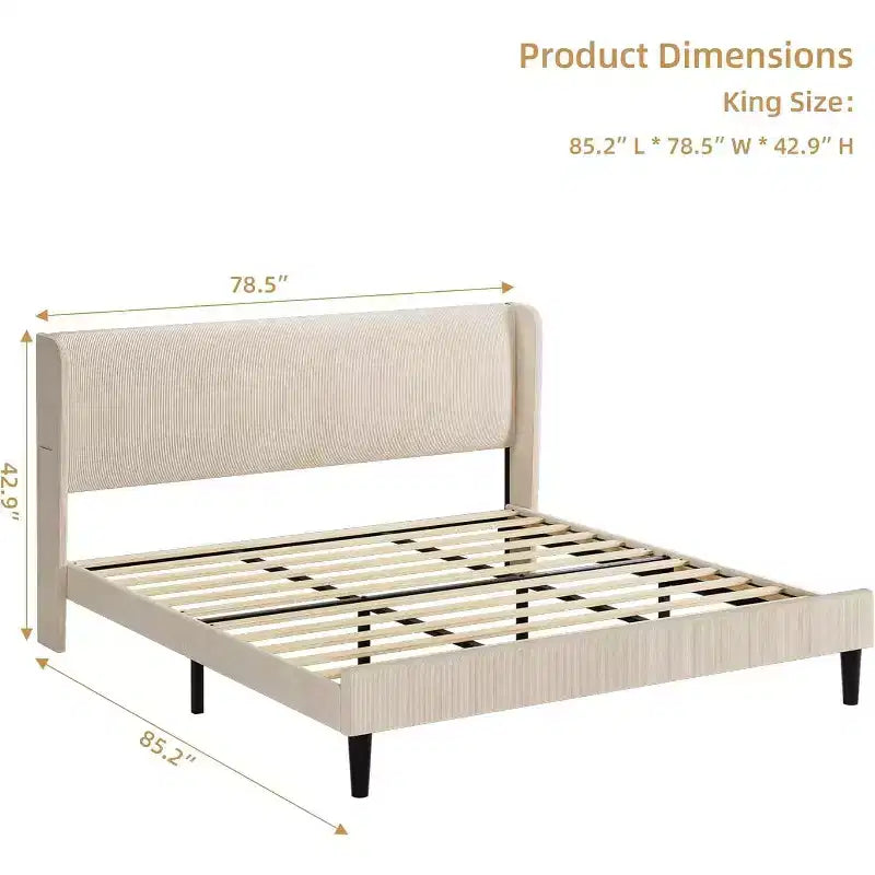 Bed Frame with Upholstered Headboard, Wooden Platform Design with 2 Storage Pockets, Vertical Channel Tufted Wingback, Strong Wooden Slats.