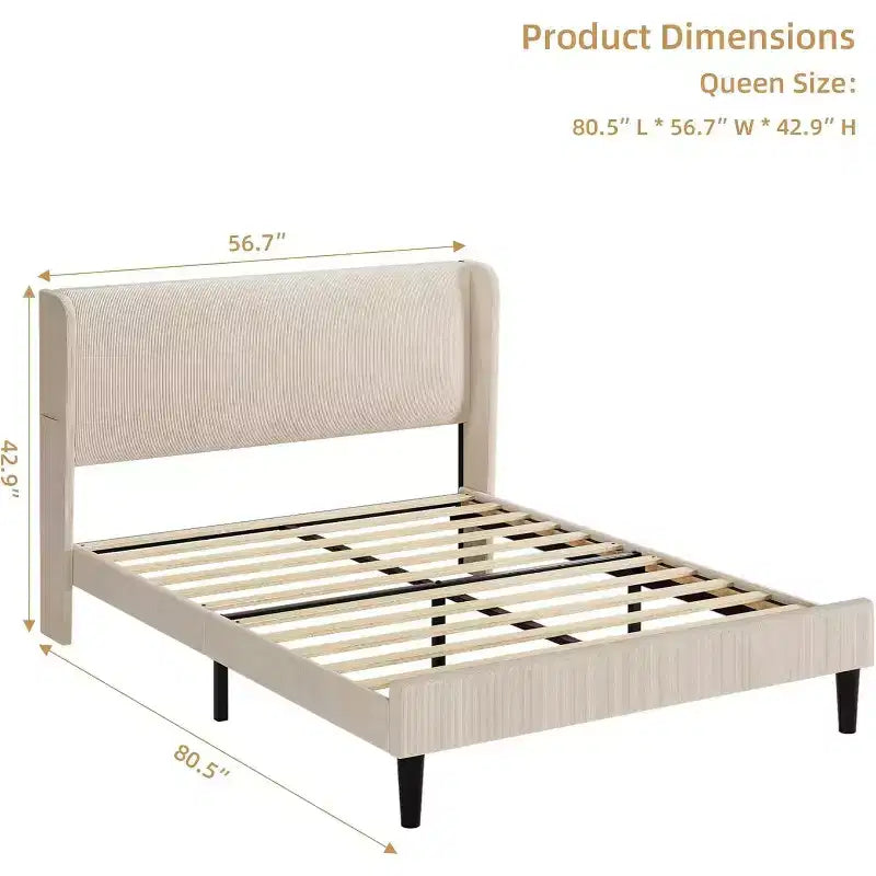 Bed Frame with Upholstered Headboard, Wooden Platform Design with 2 Storage Pockets, Vertical Channel Tufted Wingback, Strong Wooden Slats.
