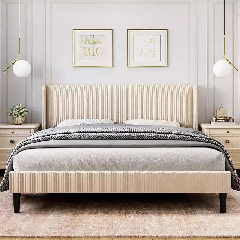 Bed Frame with Upholstered Headboard, Wooden Platform Design with 2 Storage Pockets, Vertical Channel Tufted Wingback, Strong Wooden Slats.