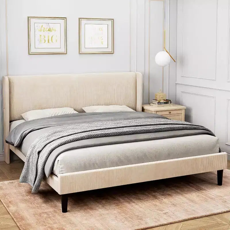 Bed Frame with Upholstered Headboard, Wooden Platform Design with 2 Storage Pockets, Vertical Channel Tufted Wingback, Strong Wooden Slats.
