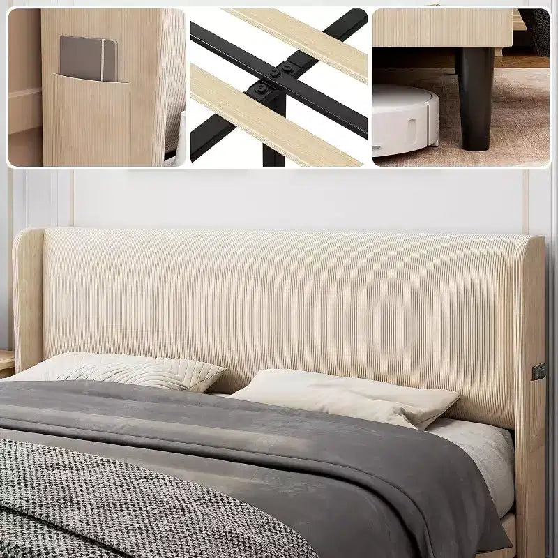 Bed Frame with Upholstered Headboard, Wooden Platform Design with 2 Storage Pockets, Vertical Channel Tufted Wingback, Strong Wooden Slats.