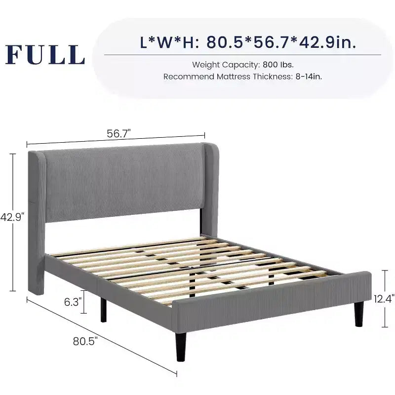 Bed Frame with Upholstered Headboard, Wooden Platform Design with 2 Storage Pockets, Vertical Channel Tufted Wingback, Strong Wooden Slats.