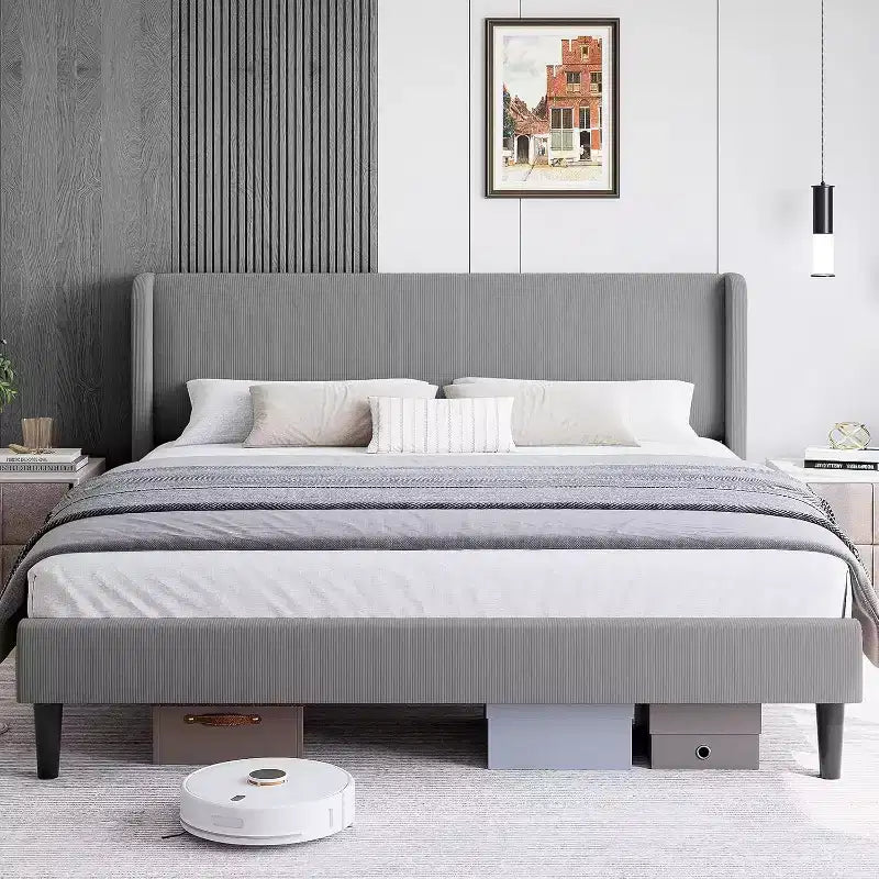 Bed Frame with Upholstered Headboard, Wooden Platform Design with 2 Storage Pockets, Vertical Channel Tufted Wingback, Strong Wooden Slats.