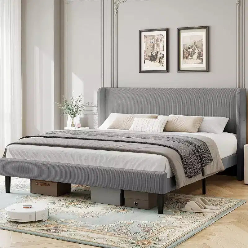 Bed Frame with Upholstered Headboard, Wooden Platform Design with 2 Storage Pockets, Vertical Channel Tufted Wingback, Strong Wooden Slats.