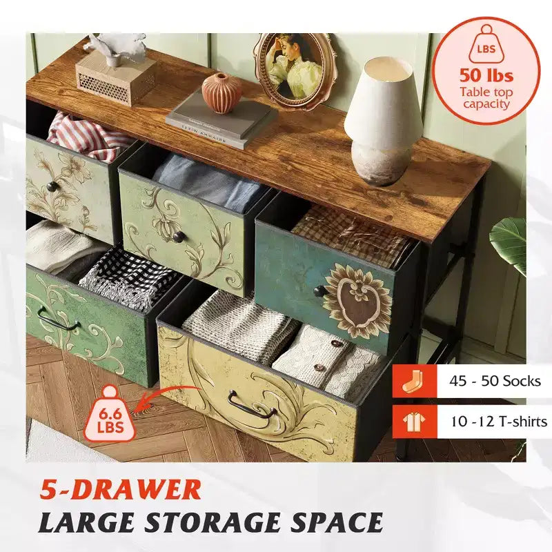 5-Drawer Wide Fabric Dresser Storage Organizer Unit, Chest of Drawers with Fabric Bins
