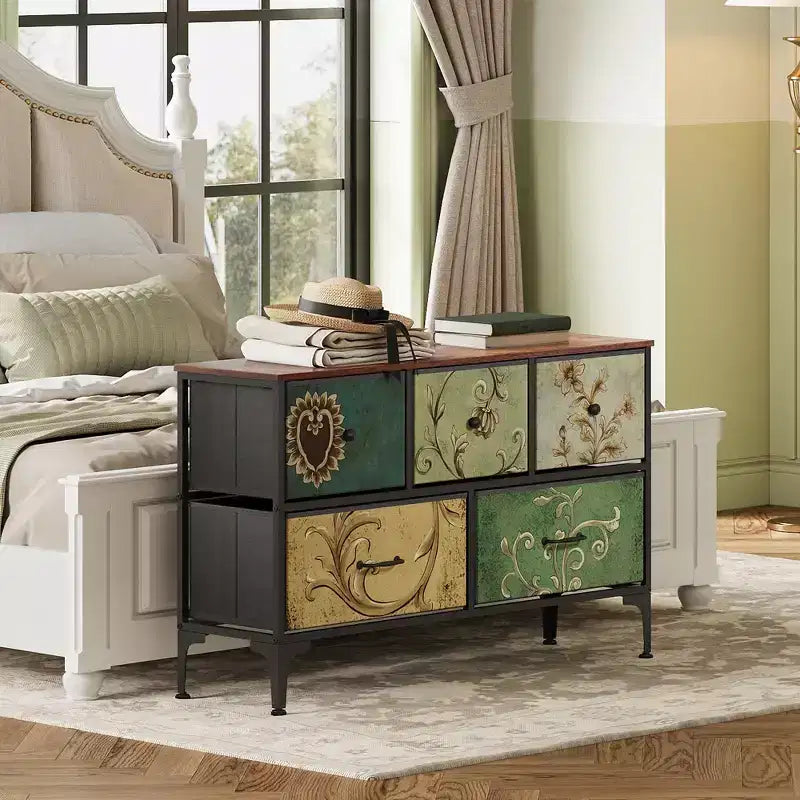 5-Drawer Wide Fabric Dresser Storage Organizer Unit, Chest of Drawers with Fabric Bins