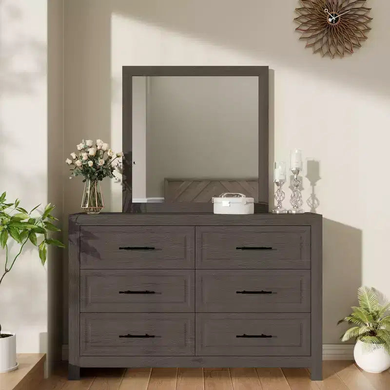 Hyleory Modern Bedroom Vanity Table with Mirror,6 big drawers