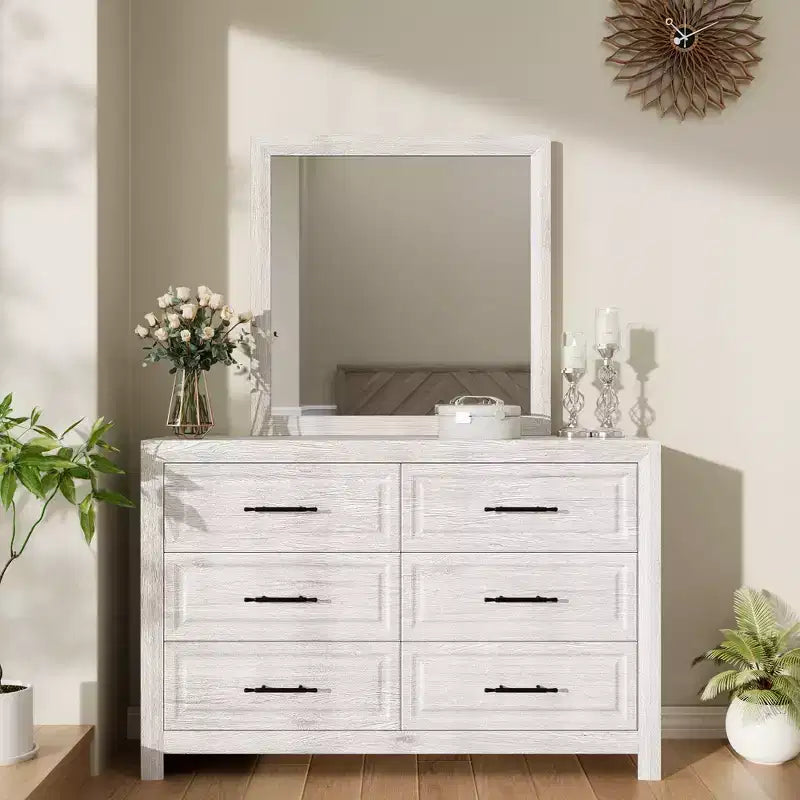 Hyleory Modern Bedroom Vanity Table with Mirror,6 big drawers