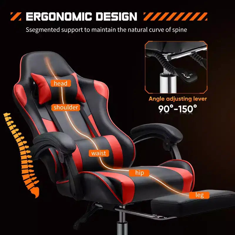 Video Game Desk Chair - Ergonomic Computer with Footrest and Comfy Lumbar Support, PU Leather Recliner with Headrest, Fixed Up Armrest