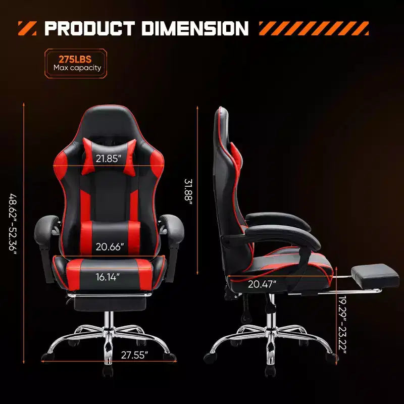Video Game Desk Chair - Ergonomic Computer with Footrest and Comfy Lumbar Support, PU Leather Recliner with Headrest, Fixed Up Armrest