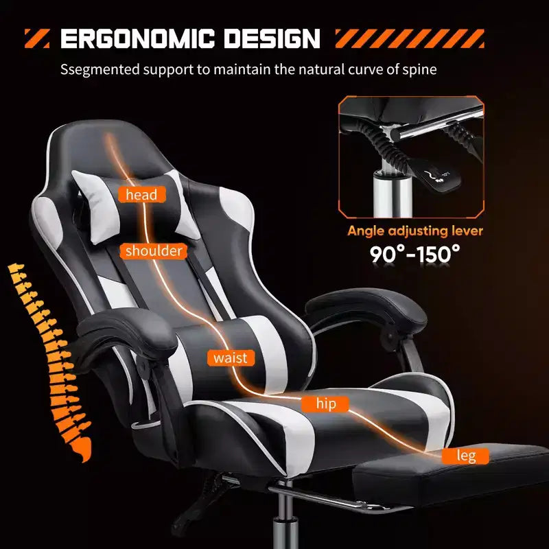Video Game Desk Chair - Ergonomic Computer with Footrest and Comfy Lumbar Support, PU Leather Recliner with Headrest, Fixed Up Armrest