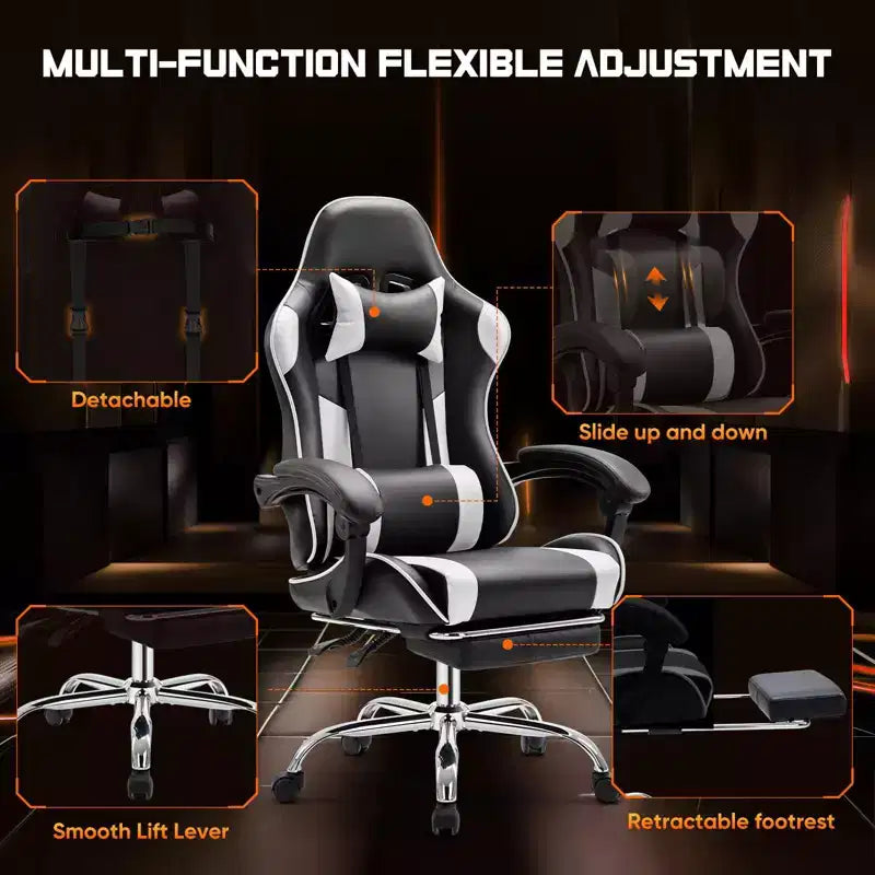 Video Game Desk Chair - Ergonomic Computer with Footrest and Comfy Lumbar Support, PU Leather Recliner with Headrest, Fixed Up Armrest
