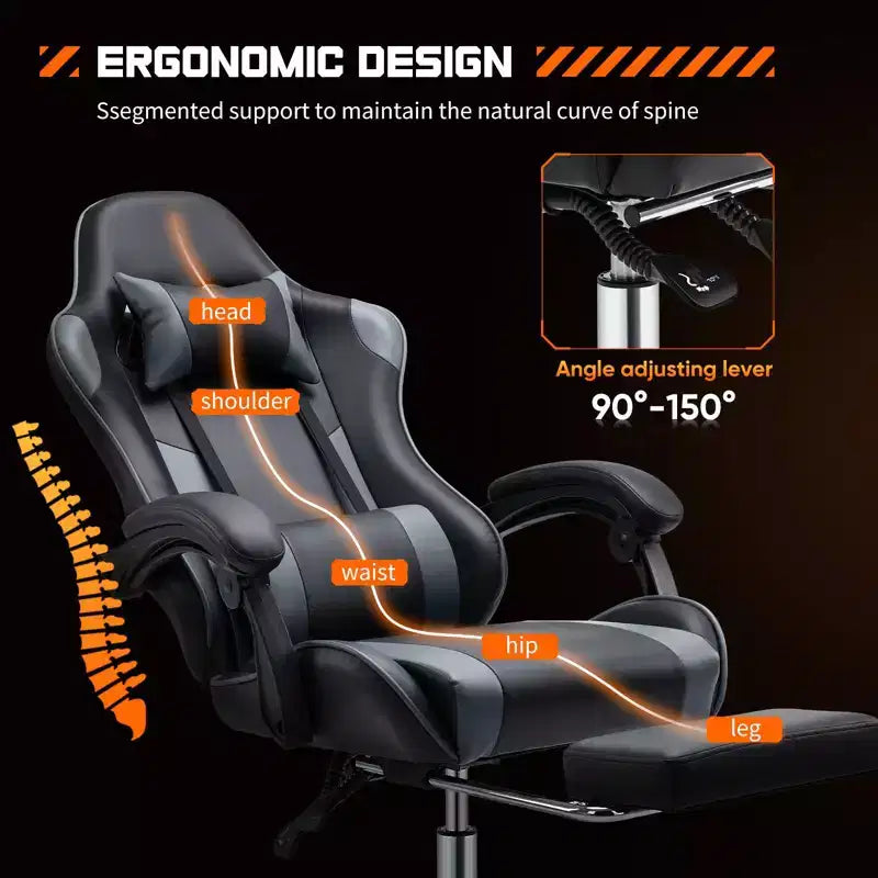 Video Game Desk Chair - Ergonomic Computer with Footrest and Comfy Lumbar Support, PU Leather Recliner with Headrest, Fixed Up Armrest