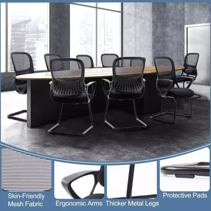 Set of 2 Ergonomic Executive Office Chairs with Sled Base, Mesh Back, Comfortable Arms, Lumbar Support, and No Wheels