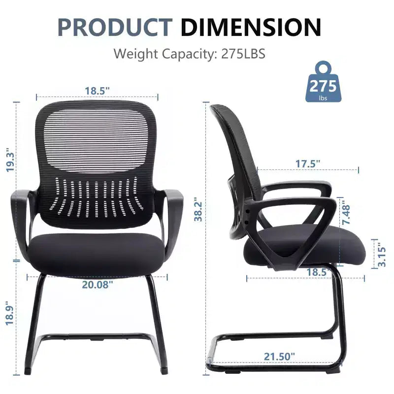 Set of 2 Ergonomic Executive Office Chairs with Sled Base, Mesh Back, Comfortable Arms, Lumbar Support, and No Wheels