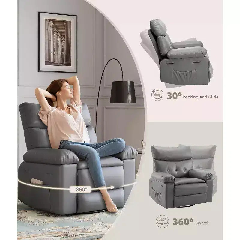 Oversized Recliner Chair for Adults - 360 Swivel Rocker Recliner with PU Leather, Manual Recline Mechanism, for Living Room/Home Theater