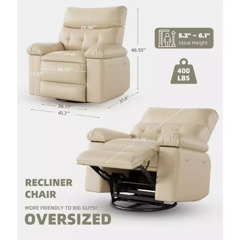 Oversized Recliner Chair for Adults - 360 Swivel Rocker Recliner with PU Leather, Manual Recline Mechanism, for Living Room/Home Theater