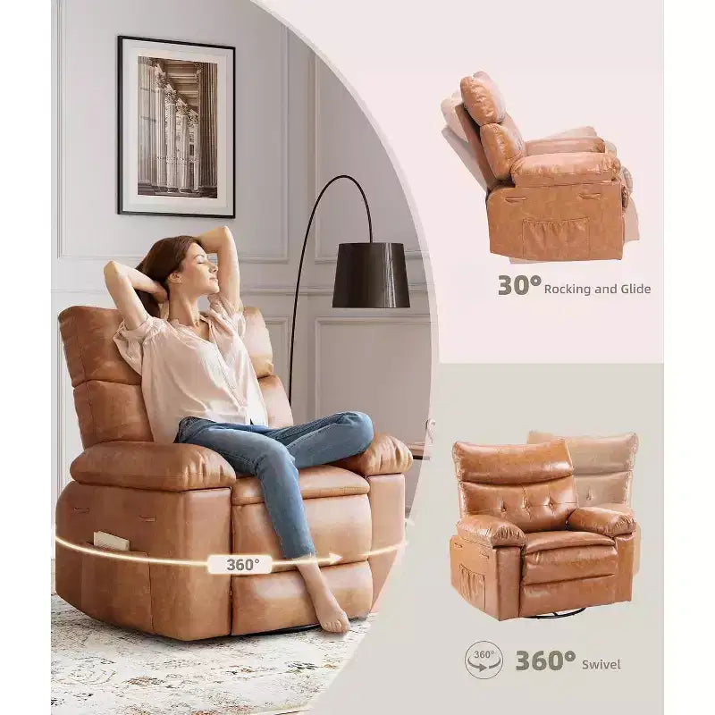 Oversized Recliner Chair for Adults - 360 Swivel Rocker Recliner with PU Leather, Manual Recline Mechanism, for Living Room/Home Theater