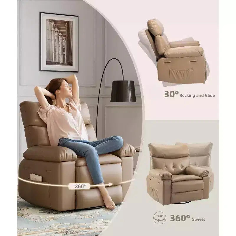 Oversized Recliner Chair for Adults - 360 Swivel Rocker Recliner with PU Leather, Manual Recline Mechanism, for Living Room/Home Theater