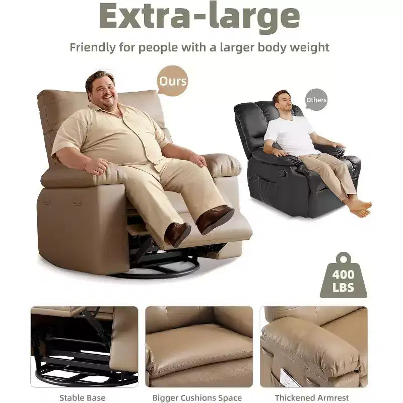 Oversized Recliner Chair for Adults - 360 Swivel Rocker Recliner with PU Leather, Manual Recline Mechanism, for Living Room/Home Theater