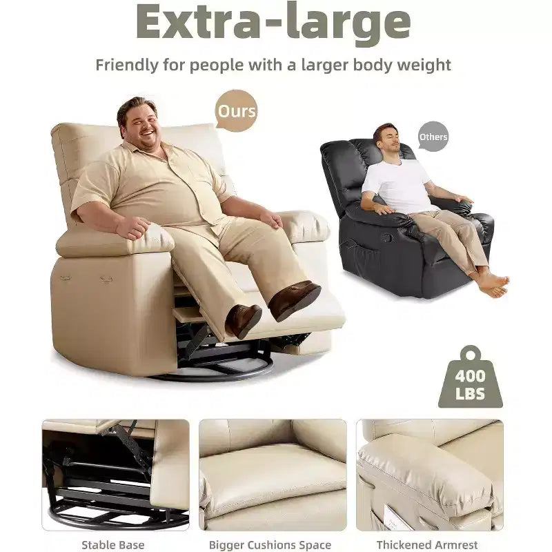 Oversized Recliner Chair for Adults - 360 Swivel Rocker Recliner with PU Leather, Manual Recline Mechanism, for Living Room/Home Theater