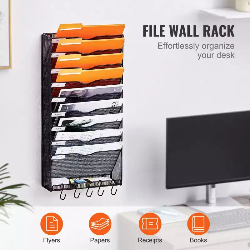 VEVOR File Wall Rack,One-Piece 10 Pockets Mesh Wall File Holder,Wall Mounted Magazine Mail Paper & Document Storage Folder,Metal Wall File Organizer