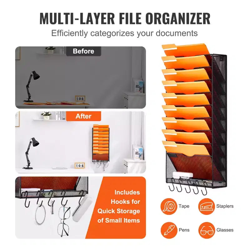 VEVOR File Wall Rack,One-Piece 10 Pockets Mesh Wall File Holder,Wall Mounted Magazine Mail Paper & Document Storage Folder,Metal Wall File Organizer