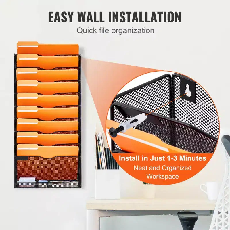 VEVOR File Wall Rack,One-Piece 10 Pockets Mesh Wall File Holder,Wall Mounted Magazine Mail Paper & Document Storage Folder,Metal Wall File Organizer