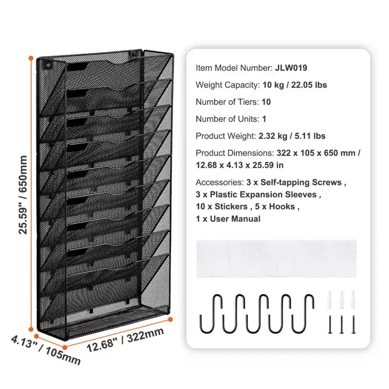 VEVOR File Wall Rack,One-Piece 10 Pockets Mesh Wall File Holder,Wall Mounted Magazine Mail Paper & Document Storage Folder,Metal Wall File Organizer