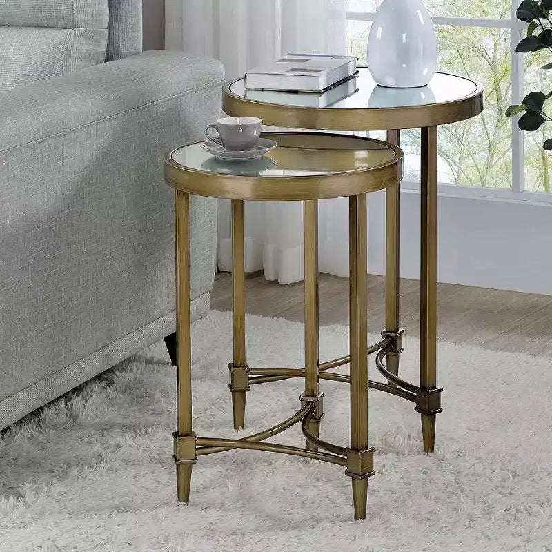 Acme Furniture Aditya 18 Wide Brass and Mirrored Nesting End Tables Set of 2