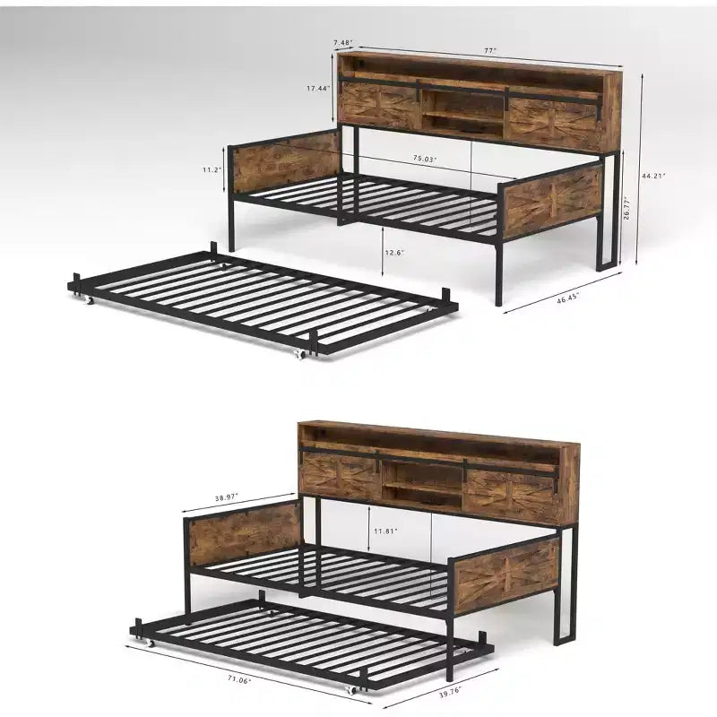 Twin Size Daybed with Trundle, Day Bed Frame with Storage Headboard, Heavy Duty Sofa Platform Bed, Space Saving Day Bed for Living Room Bedroom